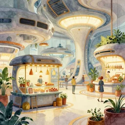 a beautiful illustration of futuristic marketplace interior, food stall, big medium small, golden ratio, in watercolor gouache detailed paintings, in style of syd mead, trending on artstation, 8 k, panel, hard surface, vent, zaha hadid, props, plant, cozy, decoration around the room, simon stalenhag, deus ex