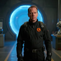 film still of Brian Cranston as Gordan Freeman in an underground lab facility wearing a black HEV suit with an orange lambda logo in front with a glowing blue portal in the background in the Half Life Movie, 4k