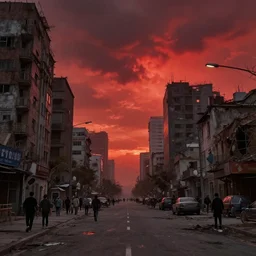 post apocalyptic city with burning red sky with people on the streets