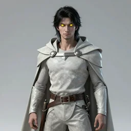Photo of the character with pale ash-colored skin, glowing bright yellow eyes with vertical pupils, black thick hair with a touch of gray to the shoulders, with neat stubble, similar to a small beard and with a strong build. He wore a plain old shirt, with a light leather armor over it, and leather pants with a belt, and a floor-length hooded cloak over his back, beautiful light, cinematic, shrap focus, illustration, full body, elegant, highly detailed, 8k, photorealism