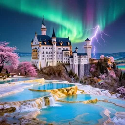neuschwanstein castle on pamukkale thermal waters flowing down gold travertine terraces in royal blue antelope canyon during sakura season on an interstellar aurora borealis with heavy thunder and lightning, pink waterfalls, rainbow, by peter mohrbacher, james jean, james gilleard, greg rutkowski, vincent di fate, rule of thirds, octane render, beautiful landscape, masterpiece