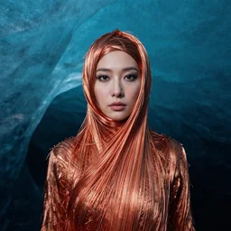closeup portrait of a woman wrapped in copper fiber, standing in skaftafell ice cave in iceland, color photograph, by vincent desiderio, canon eos c 3 0 0, ƒ 1. 8, 3 5 mm, 8 k, medium - format print