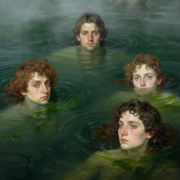 hyperrealist portrait in a river, floating, dark green water, algae, by alphonse mucha and lucian freud and bouguereau, fog, very detailed faces