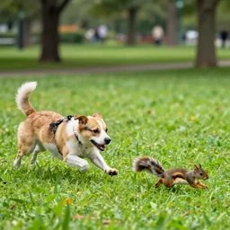 A dog chasing a squirrel through a public park.