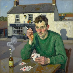 oil painting in the style of john craxton sailors in the shadows of a pub. in the style of ivon hitchins. holding cigarettes. scratch. strong lighting. playing cards. brush. single flower. cheekbones. smokey bar. seated figure hands on table. green jumper. eyes. strong expressions on faces. line drawing.