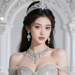 portrait of pretty princess with perfect skin, glowing, ornate and intricate diamond jewelry, jaw dropping beauty, ornate and intricate backdrop, white accent lighting, hyper detailed, 4 k octane render