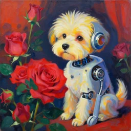 a beautiful painting lovely dog robot, roses by ukiyo - e, award - winning art, andy warhol color, dramatic light, octane render