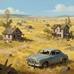 fallout 5, rural wastelands, small settlements, shanty townships, abandoned retro futurstic vintage car and truck, ruined houses, illustration, perfectly shaded, oft painting, art by krenz cushart and wenjun lin