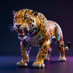a neon cyberpunk cyborg jaguar animal snarling, octane render