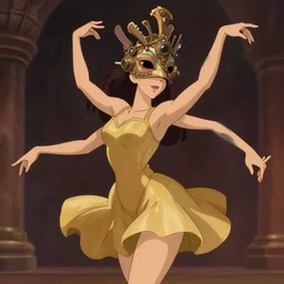 a animation fantasy illustration of a beautiful ancient dancer wearing a beautiful intricately detailed steam punk crow mask and clasical gold short dress, by studio ghibli, artstation, disney, beautiful dynamic epic lighting, shadows, romantic atmosphere, artstation, cartoon art, octane render, 8 k