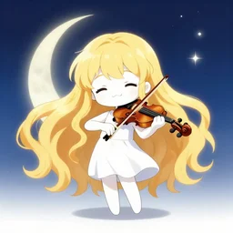 anime style, chibi, full body, a cute girl with white skin and golden long wavy hair holding a violin and playing a song, heavenly, stunning, filters applied, lunar time, trending art, sharp focus, centered, landscape shot, happy, fleeting dream, simple background, studio ghibly makoto shinkai yuji yamaguchi, by wlop