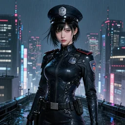 portrait tzuyu from twice + black hair of futuristic female police, black armored uniform, at rooftop futuristic colorpunk tokyo rainy night, ssci - fi and fantasy, intricate and very very very beautiful, highly detailed, digital painting, artstation, concept art, smooth and sharp focus, illustration, art by tian zi and wlop and alphonse mucha