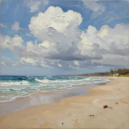 oil paint impasto reliefs, australian beach scene, super realistic, influenced by constables cloud studies, painted with expressive paint and cumulus clouds