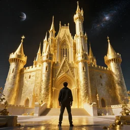a man stands outside a golden castle in space. high quality digital art.
