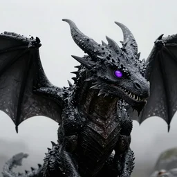 a black dragon with purple eyes,realistic,art by greg rutkowski,artstation
