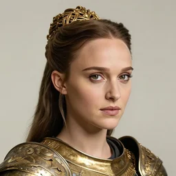 head and shoulders portrait of a female knight, young natalie portman, golden etched armor, lord of the rings, elaborate hair braid, eldritch ruby amulet, by artgerm, alphonse mucha, face detail, etched breastplate, sharp focus, high key lighting, vogue fashion photo
