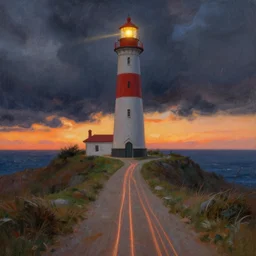 lighthouse during a storm at sunset, path traced, highly detailed, high quality, digital painting, alena aenami, lilia alvarado, shinji aramaki, karol bak, alphonse mucha, tom bagshaw