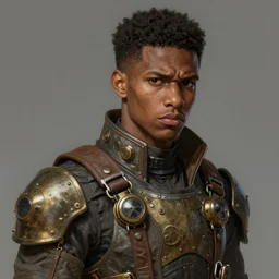 portrait of a man by ayami kojima, afroamerican, he is about 2 0 years old, short black hair, annoyed older brother vibes, he is wearing a steampunk tactical gear, highly detailed portrait, digital painting, artstation, concept art, smooth, sharp foccus ilustration, artstation hq