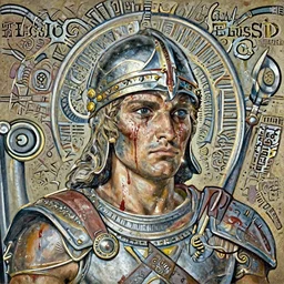 Gladiator, blood, sweat, muscular, detailed face, correct face, painting by Gaston Bussiere, Craig Mullins