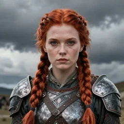 north female warrior, red hair, ginger hair, fantasy, high detailed, photography, cloudy, lightweight armour, Scandinavia, plain, detailed face, cute face, model, glowing skin, two large braids, serious face professional photographer, masterpiece, 8k, 3D