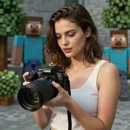 a beautiful photography of Marion Cotillard playing Steve from Minecraft, photorealistic, Canon eos M50, 50mm, cinematic, trending on Artstation