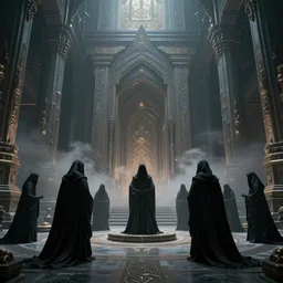 Enigmatic Hooded Figures perform a secret Ritual in a huge temple, High Detail, Movie Screenshot, denis villeneuve