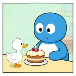 short cartoon strip, blue robot bakes a cake for a duck, by bill watterson