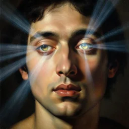 painting portrait of bright light beams emanating from the eyes of a person, matte painting, masterpiece, by Caravaggio