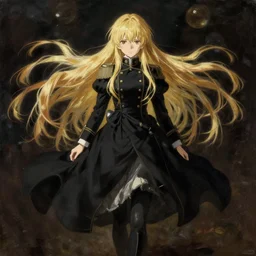 baroque oil painting japanese light novel moody atmospheric scene full body illustration anime key visual action shot | young girl black military crusader maid with long flowing blonde hair | symmetrical perfect face fine detail delicate features quiet gaze | lotr grimdark kuudere dynamic lighting bokeh | pixiv fanbox | greg rutkowski makoto shinkai takashi takeuchi studio ghibli