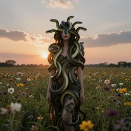 full body snake head girl standing in a flower field, her head is hidden behind many snakes, surreal photography, sunrise, dramatic light