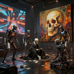 futuristic neon lit scene of death of the money lenders, robot cyborgs, futuristic oil painting by rembrandt and jeff koonz, led panel screens and projections, dynamic lighting, black and orange colour palette, octane render