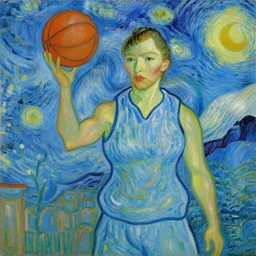 painting of an woman basketball player, a van gogh style painting of an woman basketball player