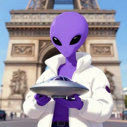 purple alien wearing white puffer jacket, in paris, they hold a model ufo, anime frame, beautiful composition,