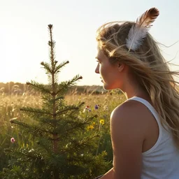 of cinematic, golden hour, backlit, over the shoulder photograph of a beautiful blonde woman in a white tank top, wearing a large eagle feather in her hair, looking at a small spruce tree sapling, wildflowers in the distance, windy, bokeh, tilted angle, iphone 5 photo