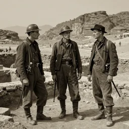 ultra detailed photorealistic sepia - toned photograph from 1 9 1 7, three british soldiers standing at an archaeological dig site in wadi rum, ultra realistic, painted, intricate details, lovecraft, atmospheric, dark, horror, brooding, highly detailed, by clyde caldwell
