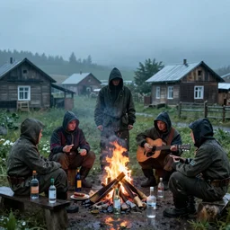 a stalker in a hooded suit is standing in the village in the evening in the rain, old houses in the background, stalkers are sitting around the campfire, 1 guitar in his hands, others have vodka and sausage