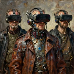 old junky men with cybertronic gadgets and vr helmet, durty colours, rotten textures, rusty shapes, biotechnology, tim hildebrandt, wayne barlowe, bruce pennington, donato giancola, larry elmore, oil on canvas, masterpiece, trending on artstation, featured on pixiv, cinematic composition, hyper - detailed, hd, hdr, 4 k, 8 k