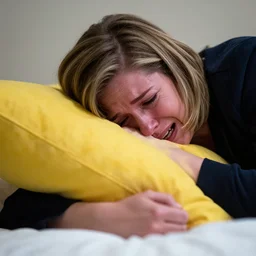 photo by saul leiter of liz cheney crying into her yellow pillow, tiny gaussian blur, insanely detailed, insanely intricate, depth of field, low contrast, snowy, wide aperture