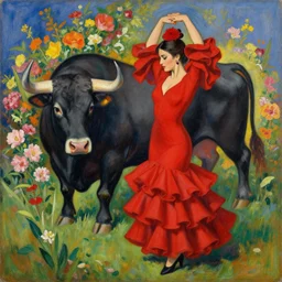 highly detailed painting of flamenco dancer wearing a red dress next to a bull surrounded in flowers by tamara de lempicka