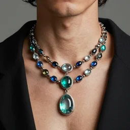 the jewelpunk aesthetic, realism, jewel tones, handsome man, everyone wears jewelry with glowing precious stones , analogous colors, moderate saturation