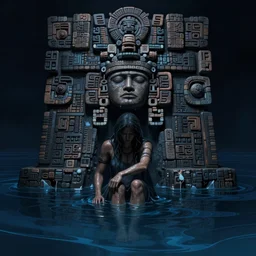 the last of the drowners, fantasy digital art, highly detailed, melancholic and mourning, water, dark blue, mesoamerican decor, magical realism, artstation, by michael bohme
