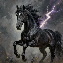 black eight legged horse lightning for eyes, majestic, powerful, extreme detail, fine art, oil painting