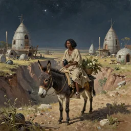A woman is riding a donkey down a ravine in a post apocalyptic village of earth ships. There are bushels of dried herbs draped over the donkey’s back. She wears tattered beige clothing. The woman is dark-skinned and holds a canteen. There are stars in the night sky. Realistic painting by john Harris. Wide, sweeping landscape. Strong donkey. Peaceful woman
