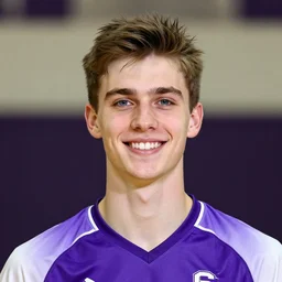 photographic portrait of a young white male smiling with short brown hair that sticks up in the front, blue eyes, groomed eyebrows, tapered hairline, sharp jawline, wearing a purple white volleyball jersey, sigma 85mm f/1.4, 15mm, 35mm, 4k, high resolution, 4k, 8k, hd, full color