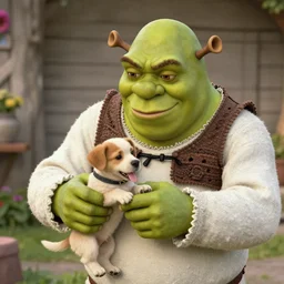 danny devito as shrek playing with a puppy 35 mm, hyper real