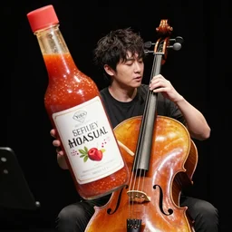 yoyo ma playing a giant bottle of hot sauce as if it's a cello, performance photo, action shot, ultra high resolution, perfect detail, beautiful faces, intricate and interesting