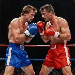 michael fassbender in blue boxing shorts boxing dolph lundgren in red boxing shorts, spotlight shines on their sweaty skin, scene from the movie rocky, painting by gaston bussiere, craig mullins