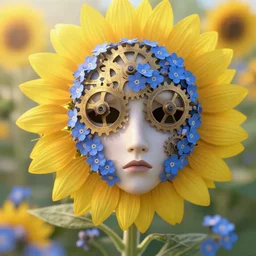 Clockwork forget-me-nots form a sad mask in the faint sunflower glow of a lonely friend, artstation