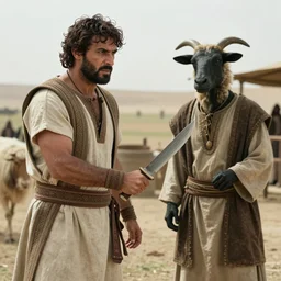 cinematic still of angered middle eastern skinned man in ancient Canaanite farmer clothing brandishing a knife at a middle eastern skinned shepherd in ancient Canaanite shepherd clothing, farm background, directed by Ridley Scott