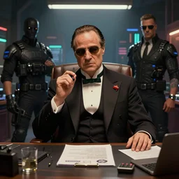a beautiful picture of a cyberpunk godfather with his bodyguards in his office by greg rutkowski and david mack trending on artstation